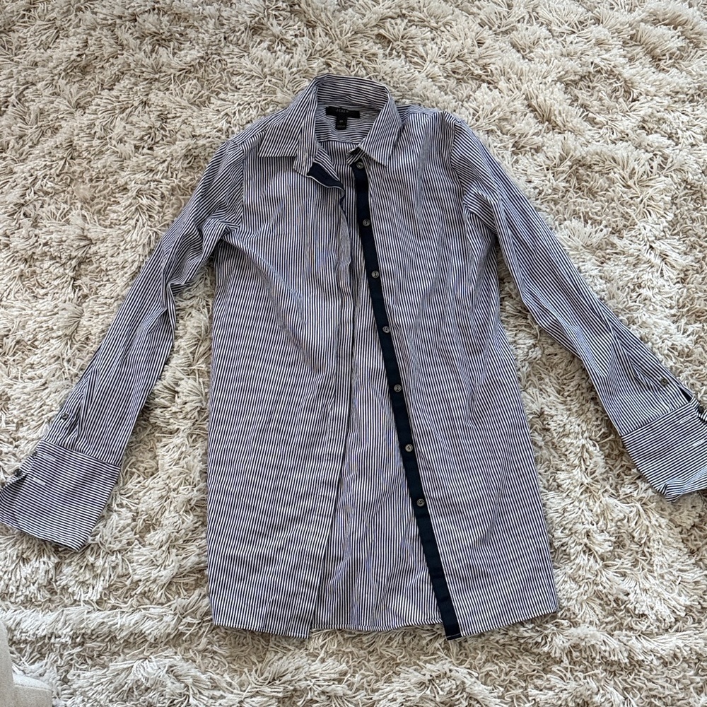 J. Crew Women's Navy and White Pinstripe Button-Down Shirt